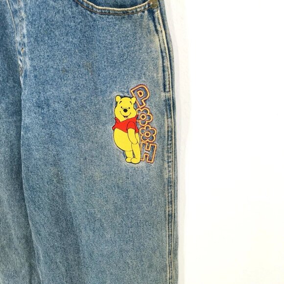 Disney Vtg 90s Pooh M Denim Jean Bib Overalls Embroidered Distressed - Picture 6 of 8